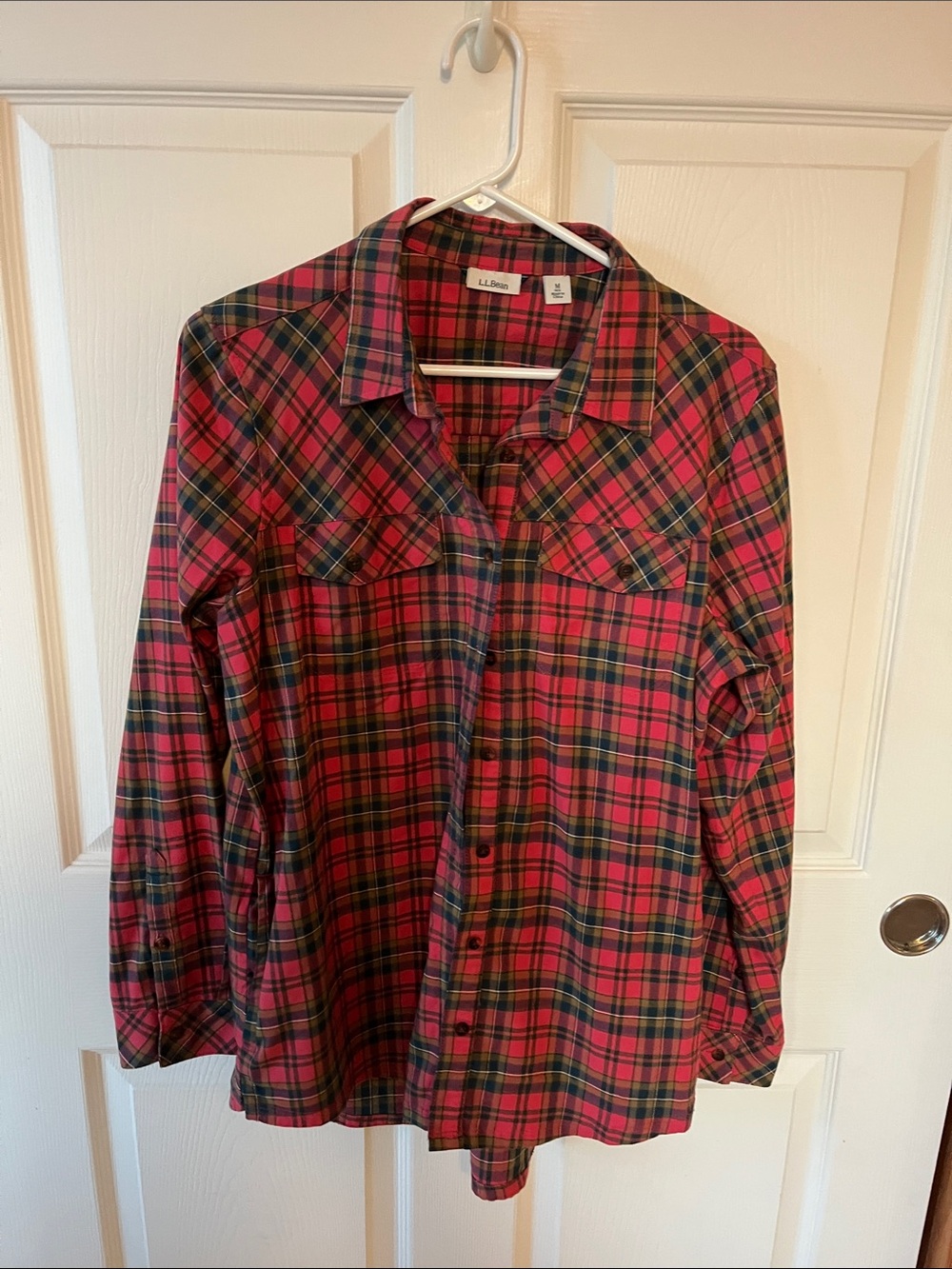 L.L. Bean Cotton Blend Red Plaid Button-Down Shirt with Green and Navy
